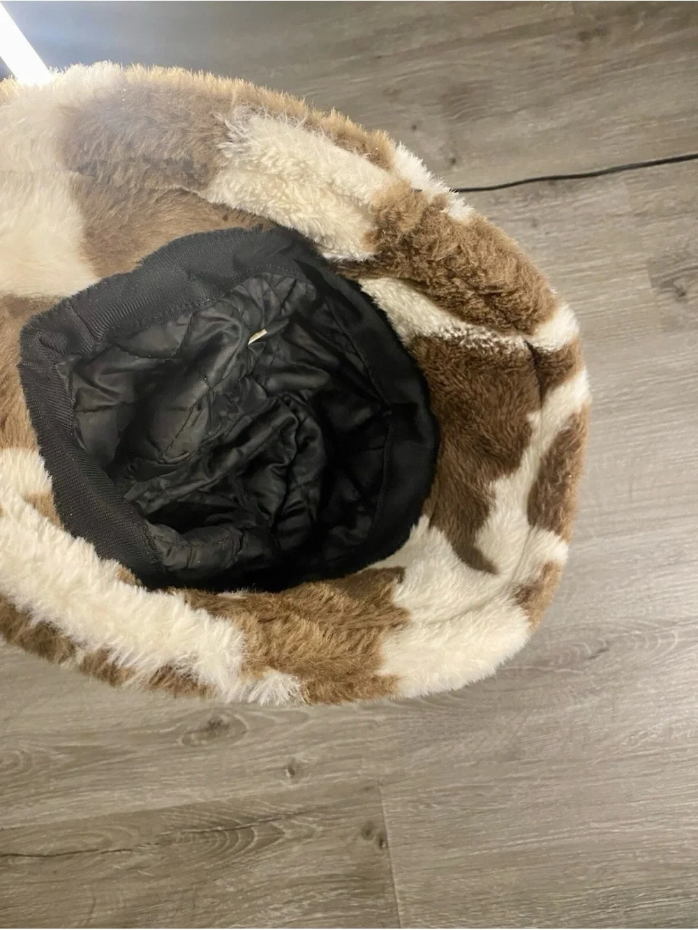 Vintage Brown & Cream Faux Fur Cow Print Bucket Hat